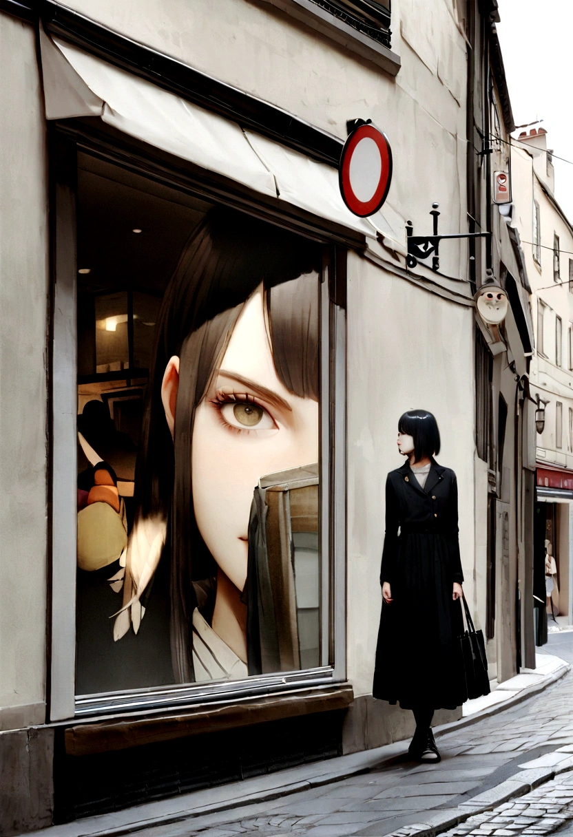 Réalité et illusion　Jeune femme en vêtements formels dans la rue, un ton sombre sur la photo cheveux blonds 