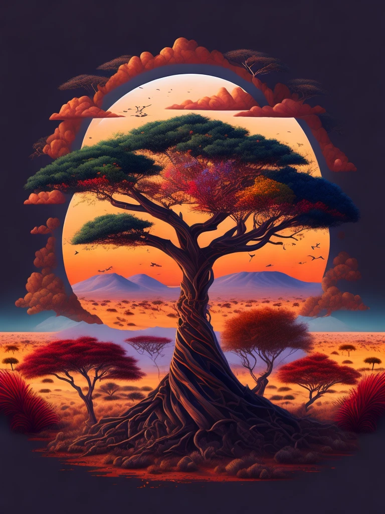 An African thorny tree in a picturesque savannah landscape, serving as a captivating t-shirt design with intricate details and vibrant colors, Inspired by @rzminjourney&#39;s captivating vector art.