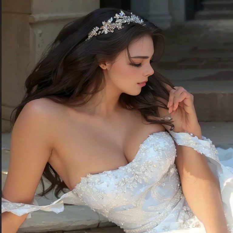 a skinny brunette woman with small breasts in a wedding dress sitting on a stone step, exquisite details, stunning details, exquisite detail, subtle details, exquisite fine details, dressed beautiful gown, jaw-dropping beauty, wonderful details, beautiful details, dramatic details, jaw dropping beauty, gorgeous features, perfect details, details galore, exquisite detail perfect, clear details, incredible details, delicate embellishments