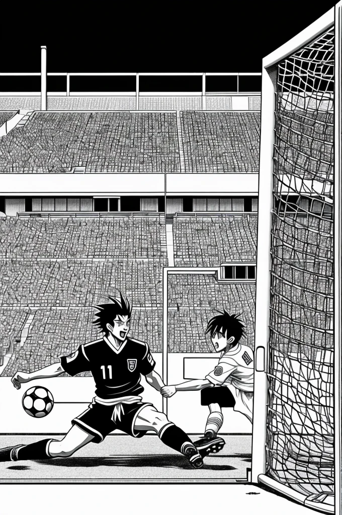 create a black and white japanese manga,where they score a goal