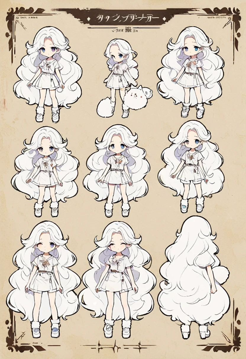 cute face, full body, (long wavy hair, (very long hair), (character design sheet, bloody revolver, fluffy animals as assistants