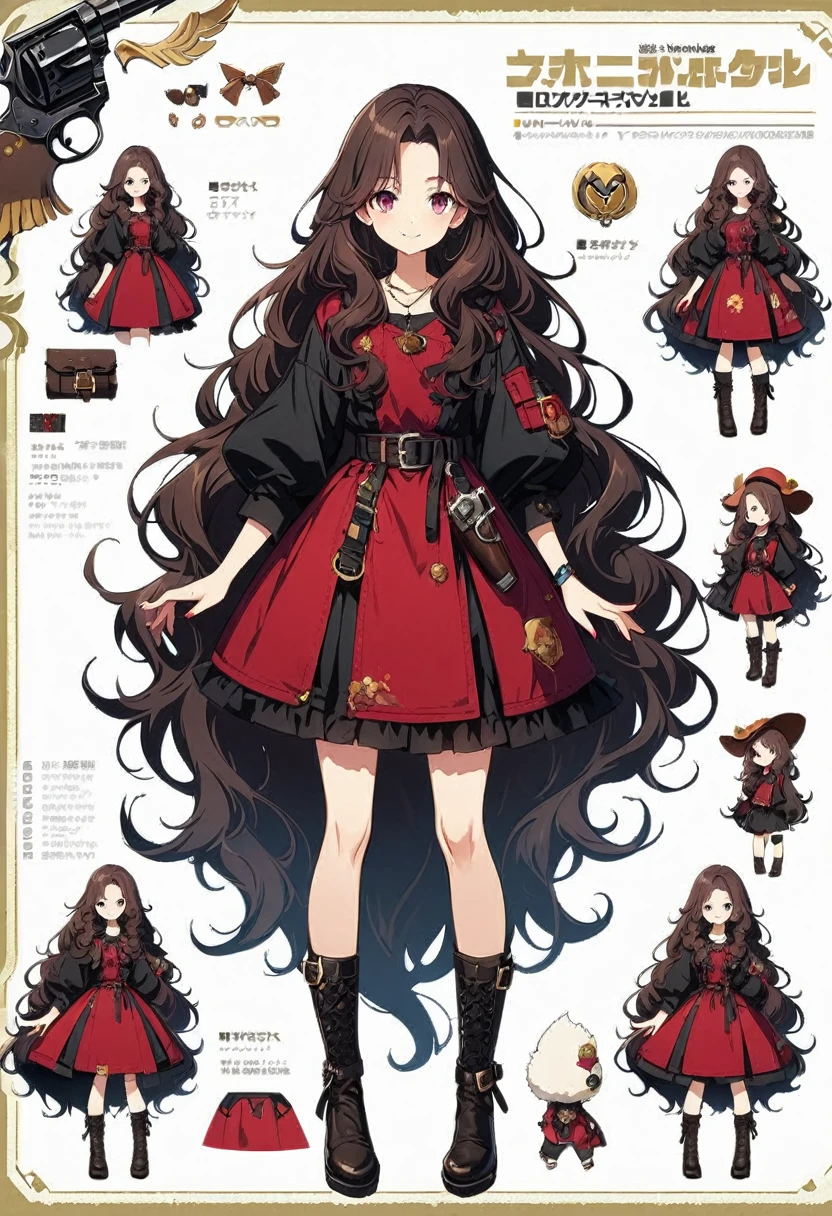 cute face, full body, (long wavy hair, (very long hair), (character design sheet, bloody revolver, fluffy animals as assistants