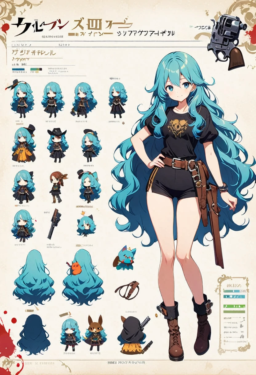 cute face, full body, (long wavy hair, (very long hair), (character design sheet, bloody revolver, fluffy animals as assistants