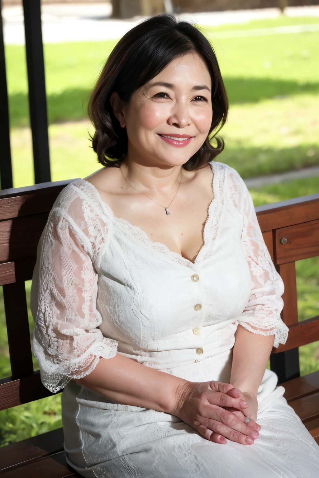 最high quality, In 8K, Masseter region, Genuine, Sharp focus, high quality, High resolution, Detailed face, fine grain, Thick lips, Background Blur, alone, Middle-aged women, , 65 years old, , Wavy Hair, Cleavage, Wearing a plain short-sleeved knit, sitting on a park bench, Wrinkles around the eyes, Smiling with teeth showing