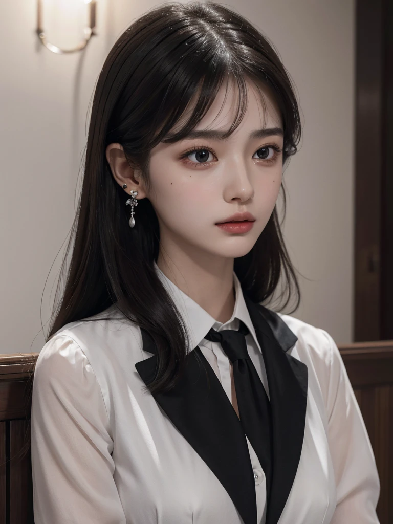 absurdres, RAW photo, extremely delicate and beautiful, masterpiece, Best Quality, ultra high resolution, 32k, hyperrealistic, ultra-detailed, delicate facial features, beautiful detailed woman, tearful mole, earring, medium breasts, full body shot, medium hair, black hair, school_uniform, blazer,