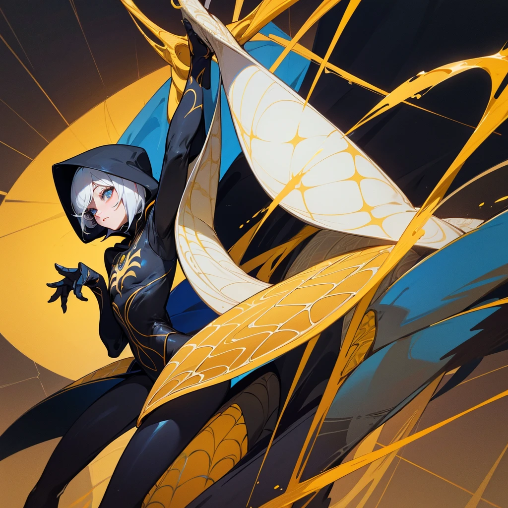 To create a Spider-Man costume with blue colors, black and gold, inspirado no design da Gwen Stacy (spider-gwen), we can follow these guidelines:
1. hooded cloak:
   - Main color:blackw.
   - Interior of the hood: doradas.
 2. upper part:
   - Main color:cerulean.
   - Standards:Use gold thread to create the web pattern on the top of the costume.

3. mitts:
   - Main color:blackw com detalhes dourados nas pontas dos dedos e punhos.

4. Spider Emblem:
   - Cor: doradas, positioned in the center of the chest.

 5.bottom:
   - Main color:cerulean.
   - Standards:Golden web patterns on the sides. 

6.booties:Main color:blackw com detalhes dourados nos tornozelos e nas pontas.

7. Eyes of the Mask: doradas com bordas pretas.

Additional Detail:
  The suit must have a streamlined appearance and be made of flexible materials to allow agile movement.
 Design: Mantenha o design esguio e elegante da spider-gwen, adapting the feminine elements Gold web patterns on both the top and bottom to give a distinctive touch.

This combination will give a unique look to Spider-Man&#39;s costume., mixing blue colors, black and gold, while maintaining the essence of Gwen Stacy&#39;s elegant design.