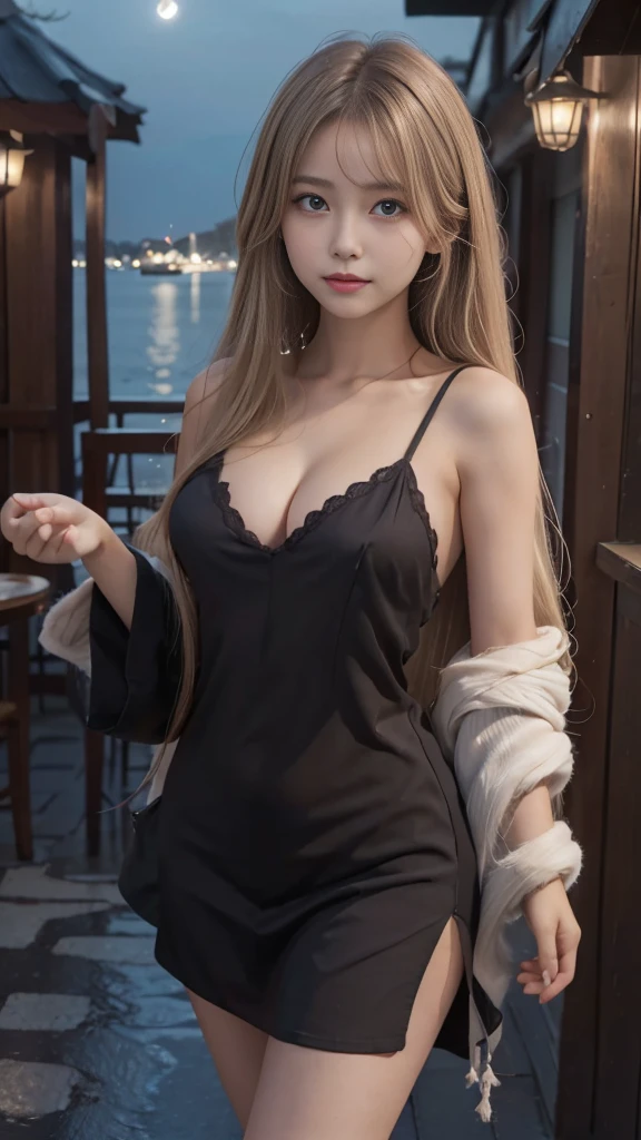 full hd 8k, Girl standing in front of a dark night scene, full moonlight reflecting on her beautiful face. Her long, silky hair was gently blown by the night wind, creating a gentle and romantic feeling. She is walking on a large beach. She looked up at the starry sky, as if searching for something, her eyes showing a pensive and lonely look. The full moon shines in the night sky creating a beautiful scene. The girl has long, strands of hair,  Light blonde hair, a luxurious and noble beauty. The moonlight shines on the girl's delicate face, highlighting her large, round light brown eyes, creating a natural, gentle beauty. She wore a little sexyly mini dress to create a sexy beauty. Her plumble breasts were exposed, revealing her plumble and extremely sexy breasts. These images capture detailed panoramic portraits and views of the sky and sea. All create a beautiful, wonderful picture that makes people unable to take their eyes off the scene. All of these details are depicted clearly and sharply, creating sexyly poses,