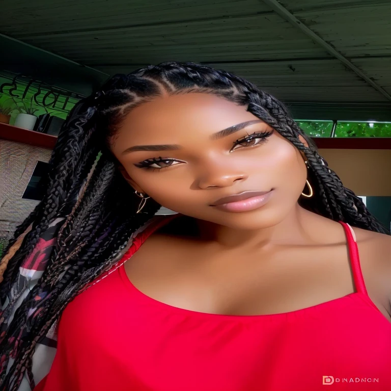 There is a woman with long hair wearing a red top, 21 year old woman de idade, photo of a black woman, Selfie of a woman, jovem negra, jovem negra, box braids, 21 year old woman, 30 year old woman, black hair in braids, long black braids, magnetic years, with dark skin 8k quality