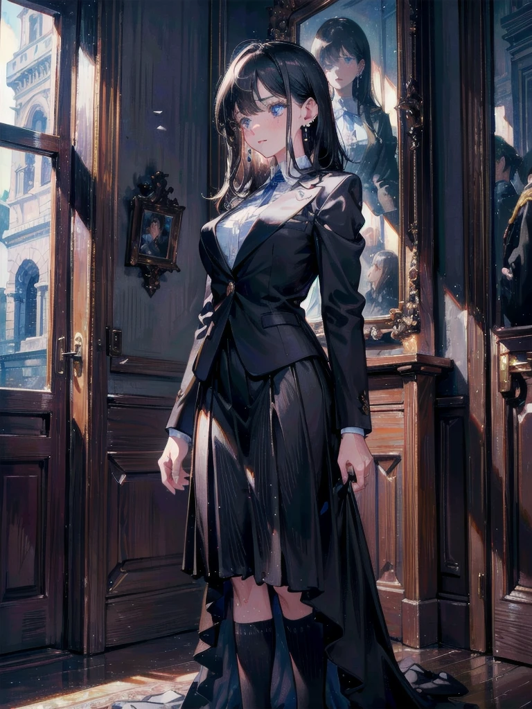 absurdres, RAW photo, extremely delicate and beautiful, masterpiece, Best Quality, ultra high resolution, 32k, hyperrealistic, ultra-detailed, delicate facial features, beautiful detailed woman, tearful mole, earring, medium breasts, full body shot, medium hair, black hair, school_uniform, blazer,