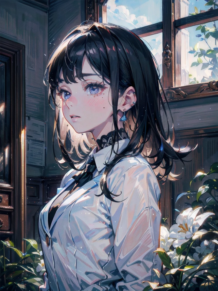 absurdres, RAW photo, extremely delicate and beautiful, masterpiece, Best Quality, ultra high resolution, 32k, hyperrealistic, ultra-detailed, delicate facial features, beautiful detailed woman, tearful mole, earring, medium breasts, full body shot, medium hair, black hair, school_uniform, blazer,
