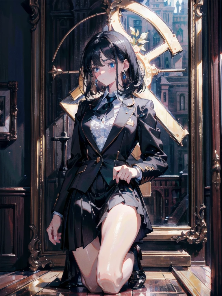absurdres, RAW photo, extremely delicate and beautiful, masterpiece, Best Quality, ultra high resolution, 32k, hyperrealistic, ultra-detailed, delicate facial features, beautiful detailed woman, tearful mole, earring, medium breasts, full body shot, medium hair, black hair, school_uniform, blazer,
