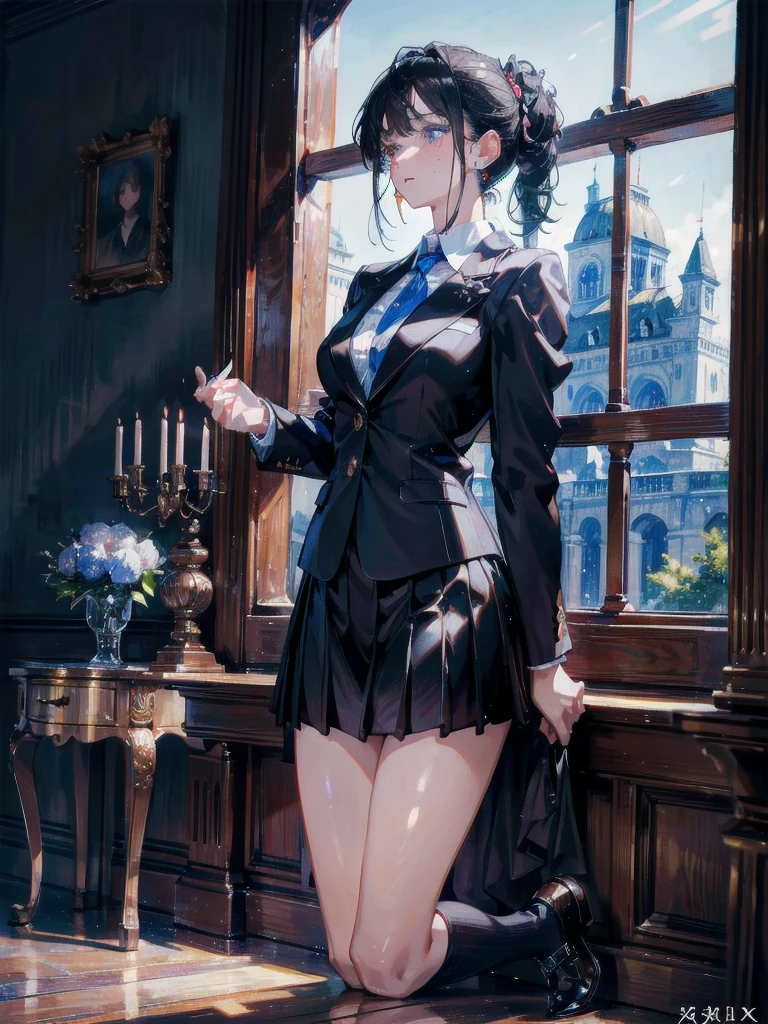 absurdres, RAW photo, extremely delicate and beautiful, masterpiece, Best Quality, ultra high resolution, 32k, hyperrealistic, ultra-detailed, delicate facial features, beautiful detailed woman, tearful mole, earring, medium breasts, full body shot, medium hair, black hair, school_uniform, blazer,