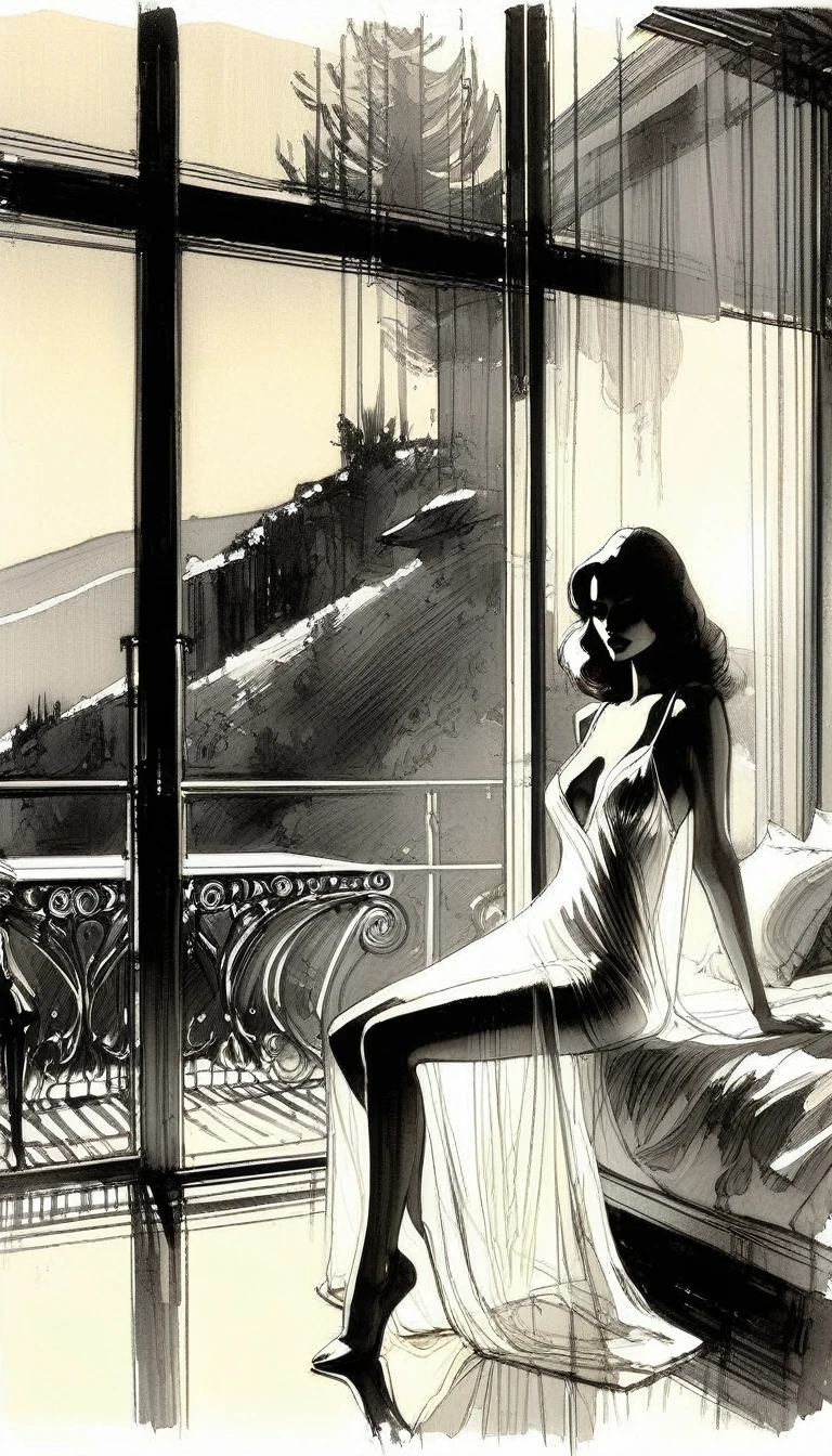 eroticism, sexy, transparent nightgown, luxurious room, open terrace with views of the landscape, tmari, sketch, traditional media, pen drawing, white background (art inspired by Bill Sienkiewicz). oil painting)
