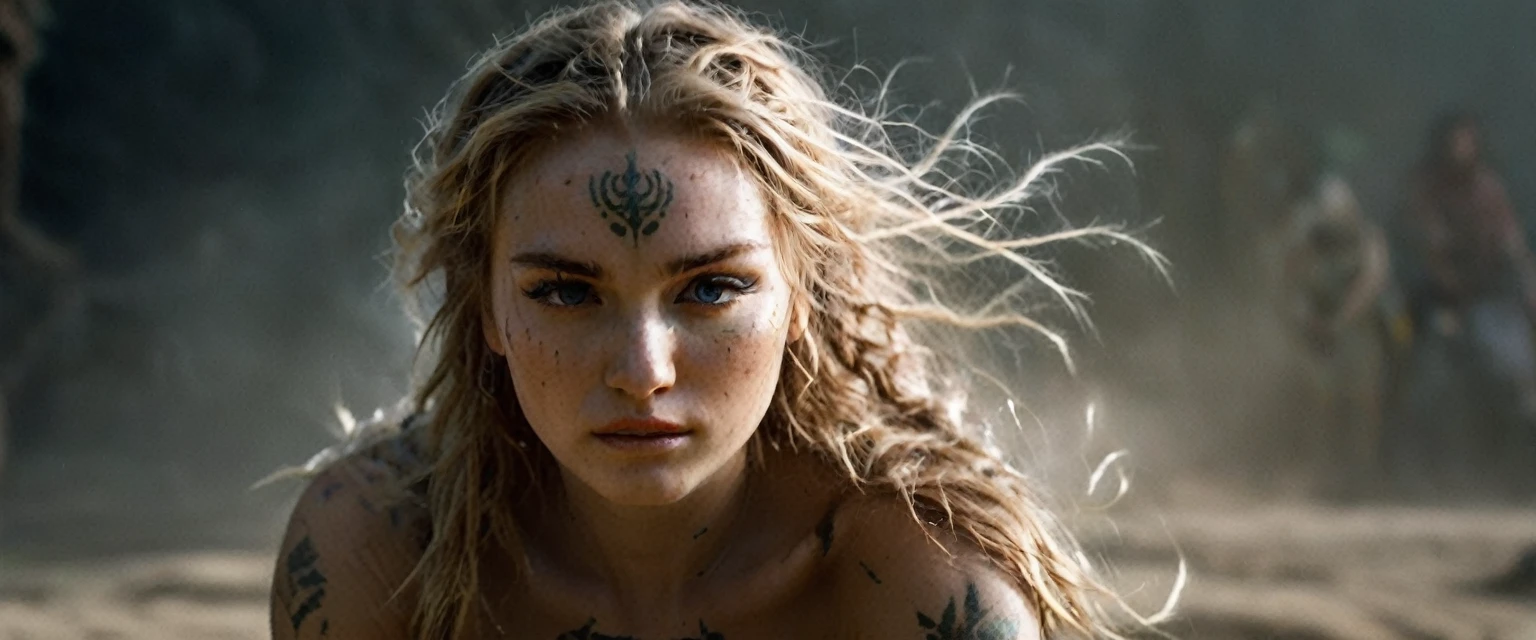 (best quality,highres,ultra-detailed), gritty and dusty image, model is intense, dust and darkness are in the air, close-up, 19 year old long haired ginger woman, hair is tightly braided and kept under a ceremonial warriors helmet, tattooed, detailed facial tattoos, shirtless, muscular, fully tattooed body, magical ritual, magical symbols, black magic, model is dusty, dark ambiance, intense lighting, mysterious atmosphere, low key image, model is almost angry, model looks to be drawing power and wants to hurt someone, tribal, powerful, supernatural, mystical, enchanted, griffin symbols, spiritual connection, ritualistic movements, mesmerizing, captivating, intense gaze, confident expression, dominant presence, dark color palette, contrast, dramatic shadows, intricate details, surreal, otherworldly, ethereal, magical energy, intense emotions, powerful aura, mystical transformation, evocative, haunting, immersive composition, arri alexa 65 anamorphic 2.4-1,