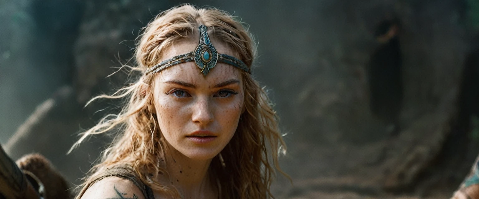 (best quality,highres,ultra-detailed), gritty and dusty image, model is intense, dust and darkness are in the air, close-up, 19 year old long haired ginger woman, hair is tightly braided and kept under a ceremonial warriors helmet, tattooed, detailed facial tattoos, shirtless, muscular, fully tattooed body, magical ritual, magical symbols, black magic, model is dusty, dark ambiance, intense lighting, mysterious atmosphere, low key image, model is almost angry, model looks to be drawing power and wants to hurt someone, tribal, powerful, supernatural, mystical, enchanted, griffin symbols, spiritual connection, ritualistic movements, mesmerizing, captivating, intense gaze, confident expression, dominant presence, dark color palette, contrast, dramatic shadows, intricate details, surreal, otherworldly, ethereal, magical energy, intense emotions, powerful aura, mystical transformation, evocative, haunting, immersive composition, arri alexa 65 anamorphic 2.4-1,
