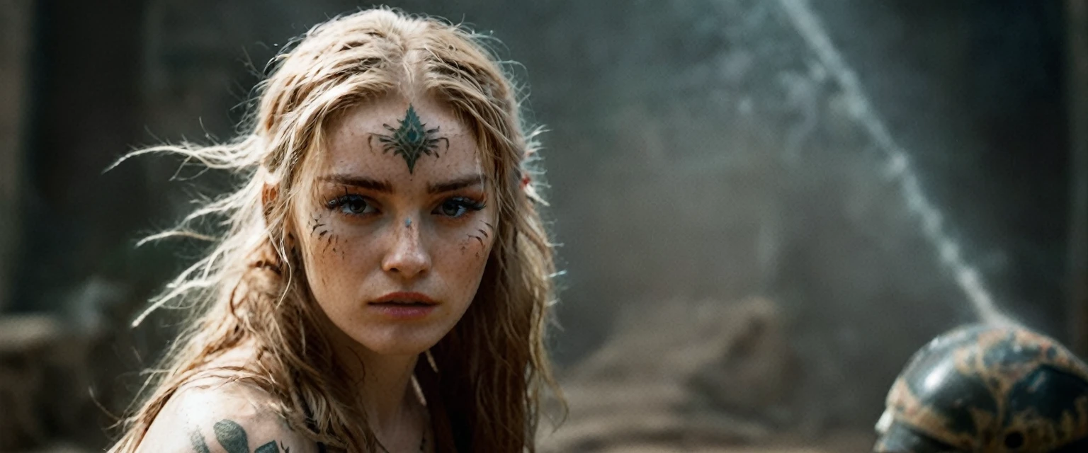 (best quality,highres,ultra-detailed), gritty and dusty image, model is intense, dust and darkness are in the air, close-up, 19 year old long haired ginger woman, hair is tightly braided and kept under a ceremonial warriors helmet, tattooed, detailed facial tattoos, shirtless, muscular, fully tattooed body, magical ritual, magical symbols, black magic, model is dusty, dark ambiance, intense lighting, mysterious atmosphere, low key image, model is almost angry, model looks to be drawing power and wants to hurt someone, tribal, powerful, supernatural, mystical, enchanted, griffin symbols, spiritual connection, ritualistic movements, mesmerizing, captivating, intense gaze, confident expression, dominant presence, dark color palette, contrast, dramatic shadows, intricate details, surreal, otherworldly, ethereal, magical energy, intense emotions, powerful aura, mystical transformation, evocative, haunting, immersive composition, arri alexa 65 anamorphic 2.4-1,