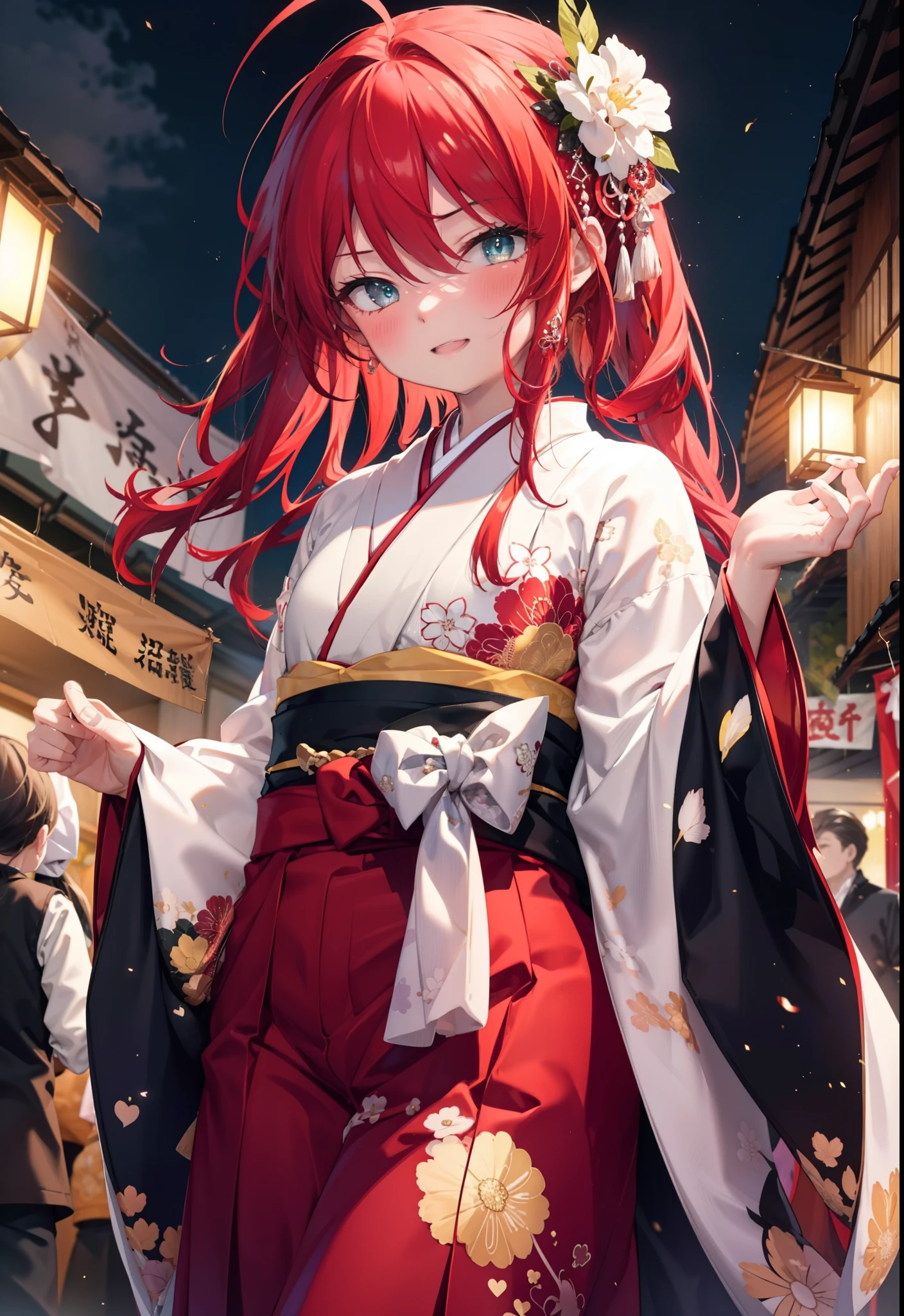 Shana,灼眼のShana,Long Hair, Red Hair,Red hair,Red eyes,Red eyes,Ahoge,smile,blush,Open your mouth,hair tied back,blush,Red Kimono,Thick sleeves,Red long skirt,日本のfestival,夏festivalの屋台,Red lantern,night,So that the whole body goes into the illustration,Walking,　　　　　　　　　　　  break looking at viewer, Upper Body (Cowboy Shot:1. 5),  　　　　　　　　　　　　　　　　　　break outdoors, shrine,festival, 　　　　　　　　　　　　　break (masterpiece:1.2), Highest quality, High resolution, unity 8k wallpaper, (shape:0.8), (Beautiful and beautiful eyes:1.6), Highly detailed face, Perfect lighting, Highly detailed CG, (Perfect hands, Perfect Anatomy),