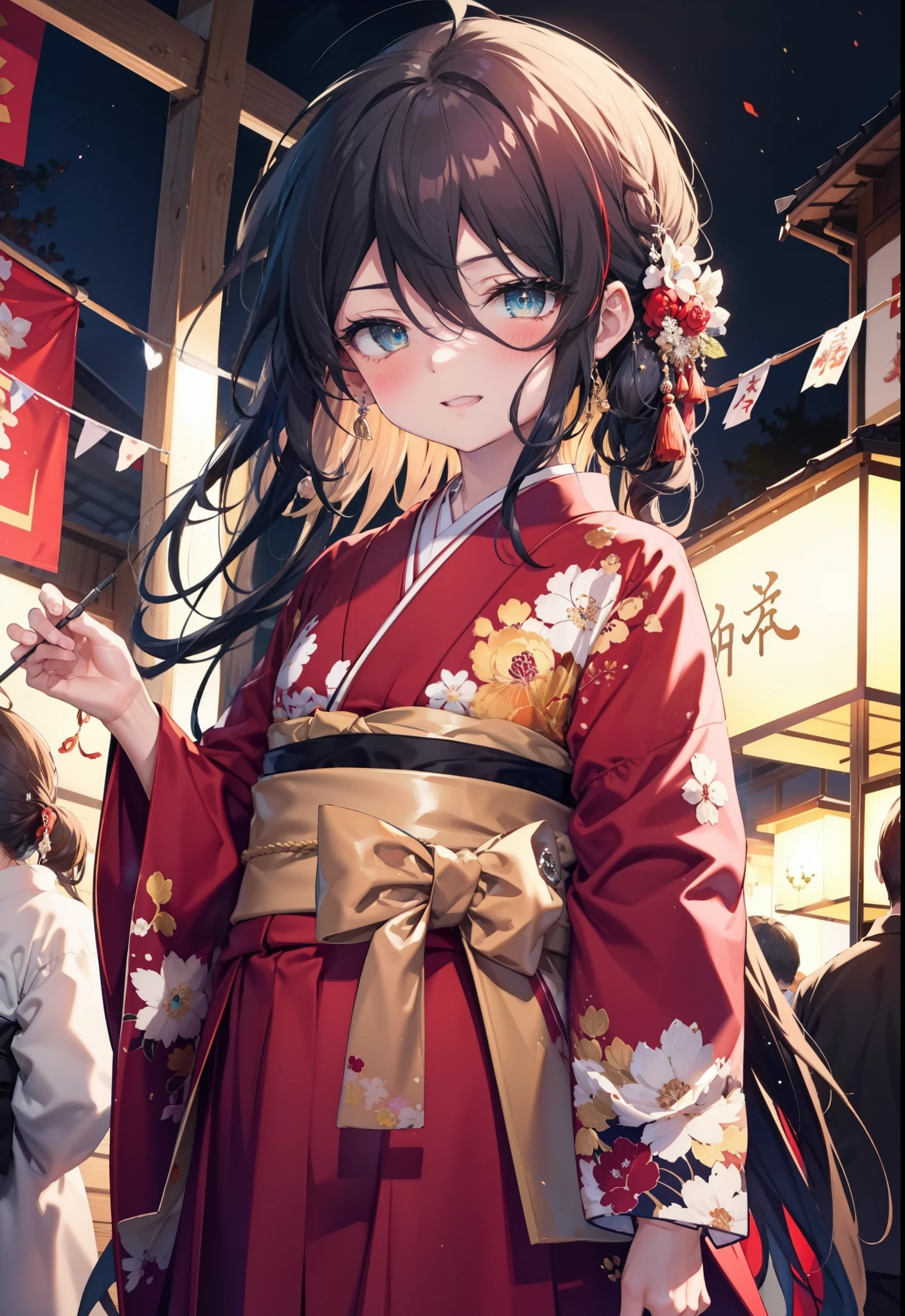 Shana,灼眼のShana,Long Hair, Red Hair,Red hair,Red eyes,Red eyes,Ahoge,smile,blush,Open your mouth,hair tied back,blush,Red Kimono,Thick sleeves,Red long skirt,日本のfestival,夏festivalの屋台,Red lantern,night,So that the whole body goes into the illustration,Walking, break looking at viewer, Upper Body (Cowboy Shot:1. 5), break outdoors, shrine,festival, break (masterpiece:1.2), Highest quality, High resolution, unity 8k wallpaper, (shape:0.8), (Beautiful and beautiful eyes:1.6), Highly detailed face, Perfect lighting, Highly detailed CG, (Perfect hands, Perfect Anatomy),