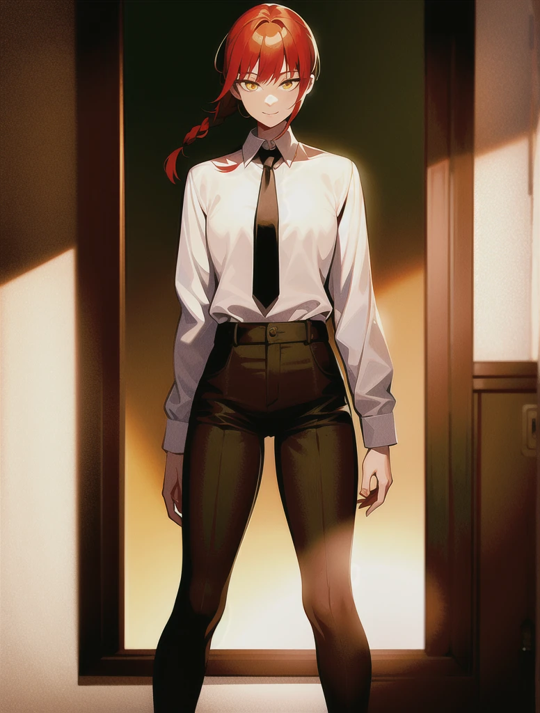 17-year-old person,Fine, shiny skin,Pretty girl, Are standing, Looking out the window, White shirt, Collared shirt, Black tie, Black trousers, Long sleeve, smile (Red nose), Yellow Eyes + The eyes are round, short hair + Redhead + Long braided hair, hand \(Chainsaw Man\) 