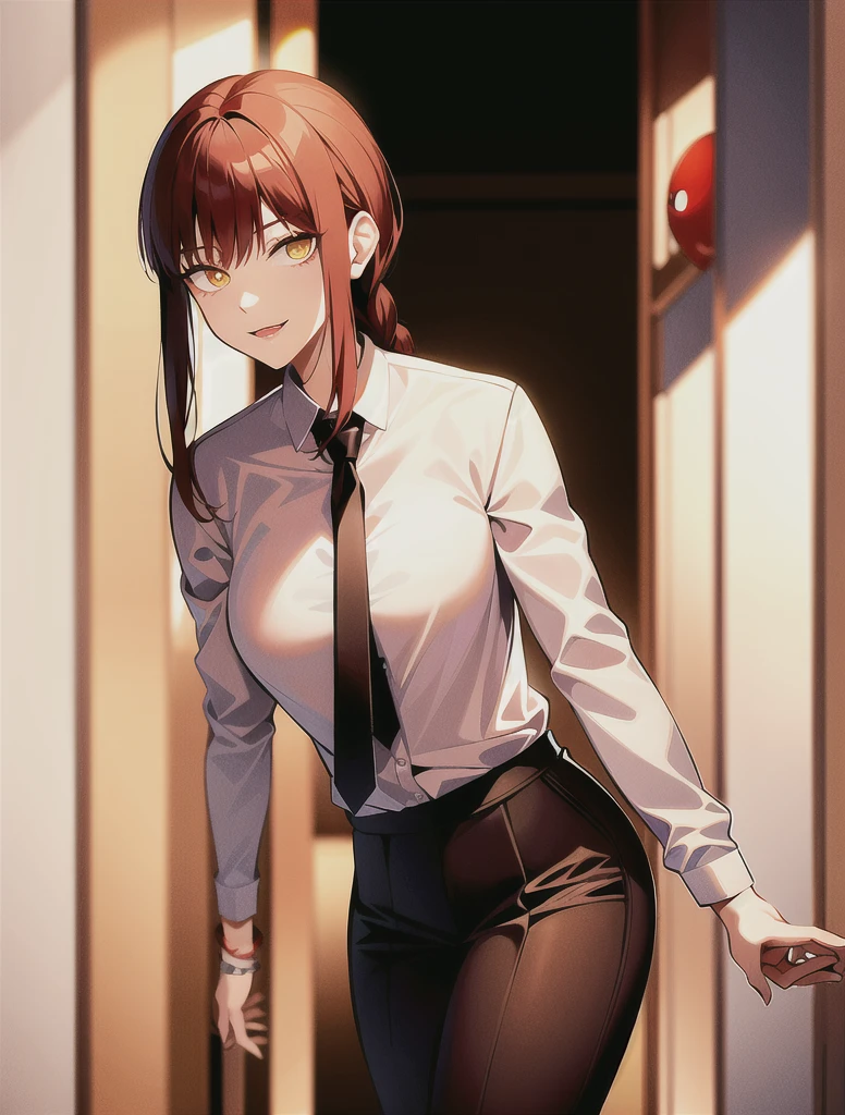 17-year-old person,Fine, shiny skin,Pretty girl, Are standing, Looking out the window, White shirt, Collared shirt, Black tie, Black trousers, Long sleeve, smile (Red nose), Yellow Eyes + The eyes are round, short hair + Redhead + Long braided hair, hand \(Chainsaw Man\) 