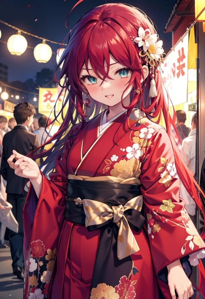 Shana,灼眼のShana,Long Hair, Red Hair,Red hair,Red eyes,Red eyes,Ahoge,smile,blush,Open your mouth,hair tied back,blush,Red Kimono,Thick sleeves,Red long skirt,日本のfestival,夏festivalの屋台,Red lantern,night,So that the whole body goes into the illustration,Walking, break looking at viewer, Upper Body (Cowboy Shot:1. 5), break outdoors, shrine,festival, break (masterpiece:1.2), Highest quality, High resolution, unity 8k wallpaper, (shape:0.8), (Beautiful and beautiful eyes:1.6), Highly detailed face, Perfect lighting, Highly detailed CG, (Perfect hands, Perfect Anatomy),