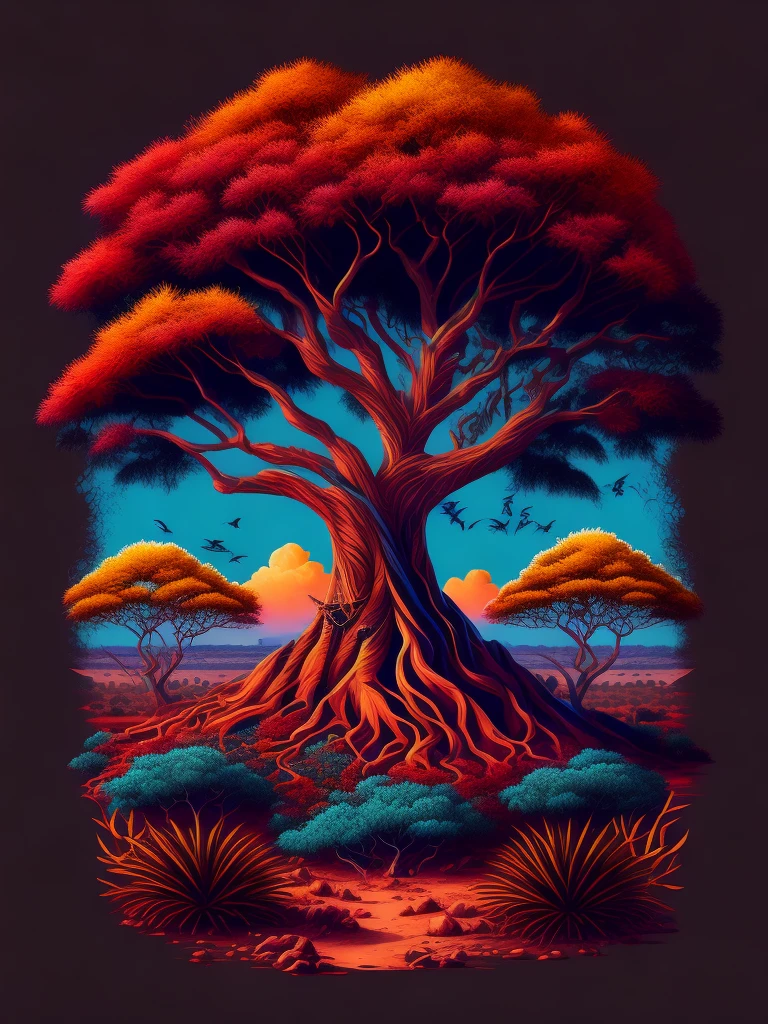 A t-shirt featuring an African thorny tree in a picturesque savannah landscape, serving as a captivating t-shirt design with intricate details and vibrant colors, Inspired by @rzminjourney&#39;s captivating vector art.