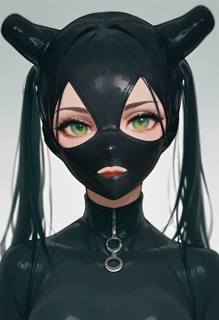 Girl, black hair, green eyes, wearing a mask