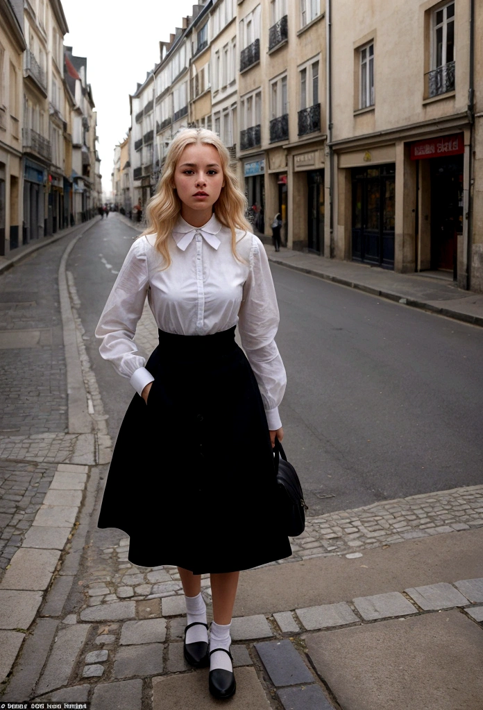 Réalité et illusion　Jeune femme en vêtements formels dans la rue, un ton sombre sur la photo cheveux blonds