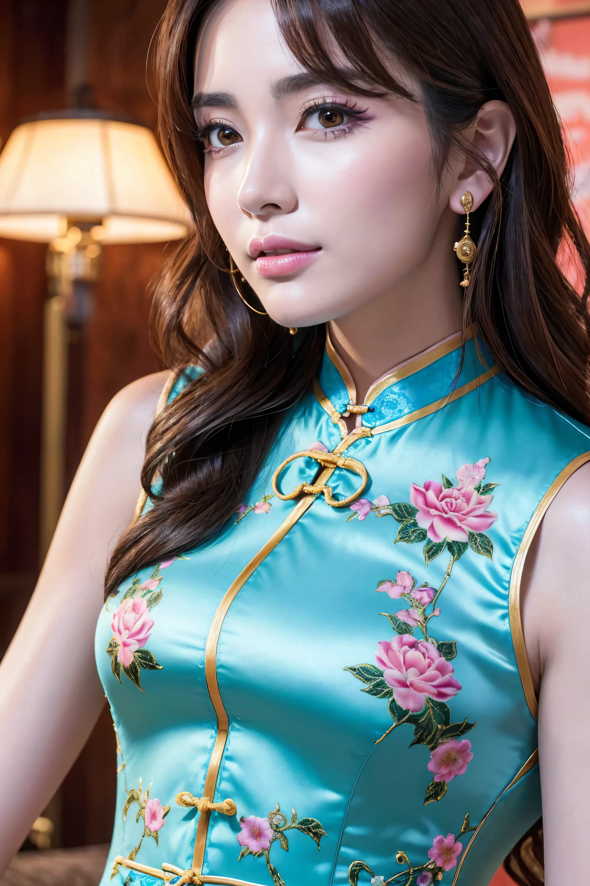 (best quality、4k、8k、high-res、 masterpiece:1.2)、ultra detailed、(realism、photorealistic)、(1woman:1.3 22-year-old)、brown_eyes、((Fujicolor、daytime soft lighting)、fashion supermodel、(long curly hair)、(BREAK pink_makeup:1.2)、(BREAK Classic and sexy blue cheongsam、Detailed decoration:1.3)、(Fitted clothing:1.3)、dynamic pose、((close-up of her face: 1.33))
