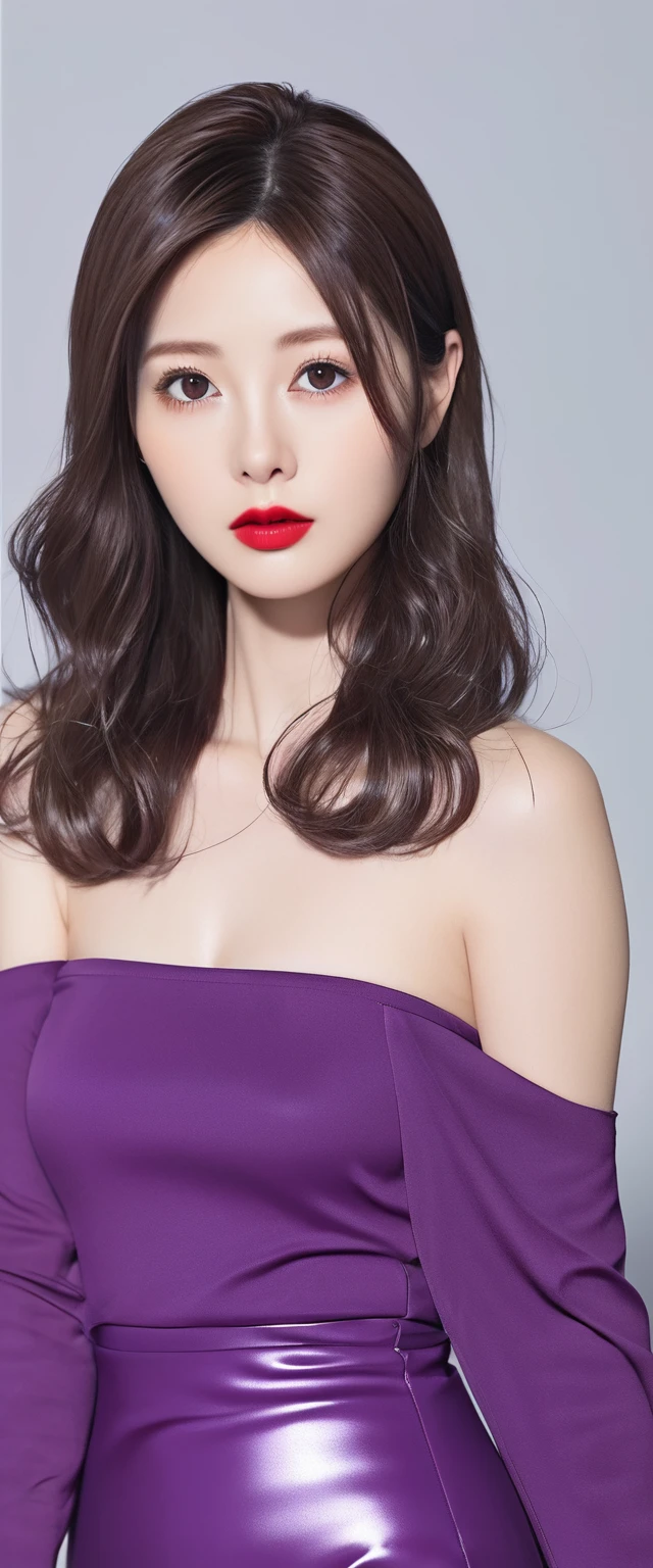 Full body photo、(Pictured from head to toe:1.4)、aunt Cass, (masterpiece,Highest quality,Ultra-high resolution),Japanese women, (((Very beautiful 30 year old woman))), Purple latex long skirt、Off-the-shoulder dress、The clothes fit very well、Latex has a very high gloss、Brown Hair, Accurate Face、Detailed face、Detailed body、Detailed limbs、Detailed fingers、Detailed eyes、Symmetrical eyes、Cabaret Club、Glossy Red Lips、