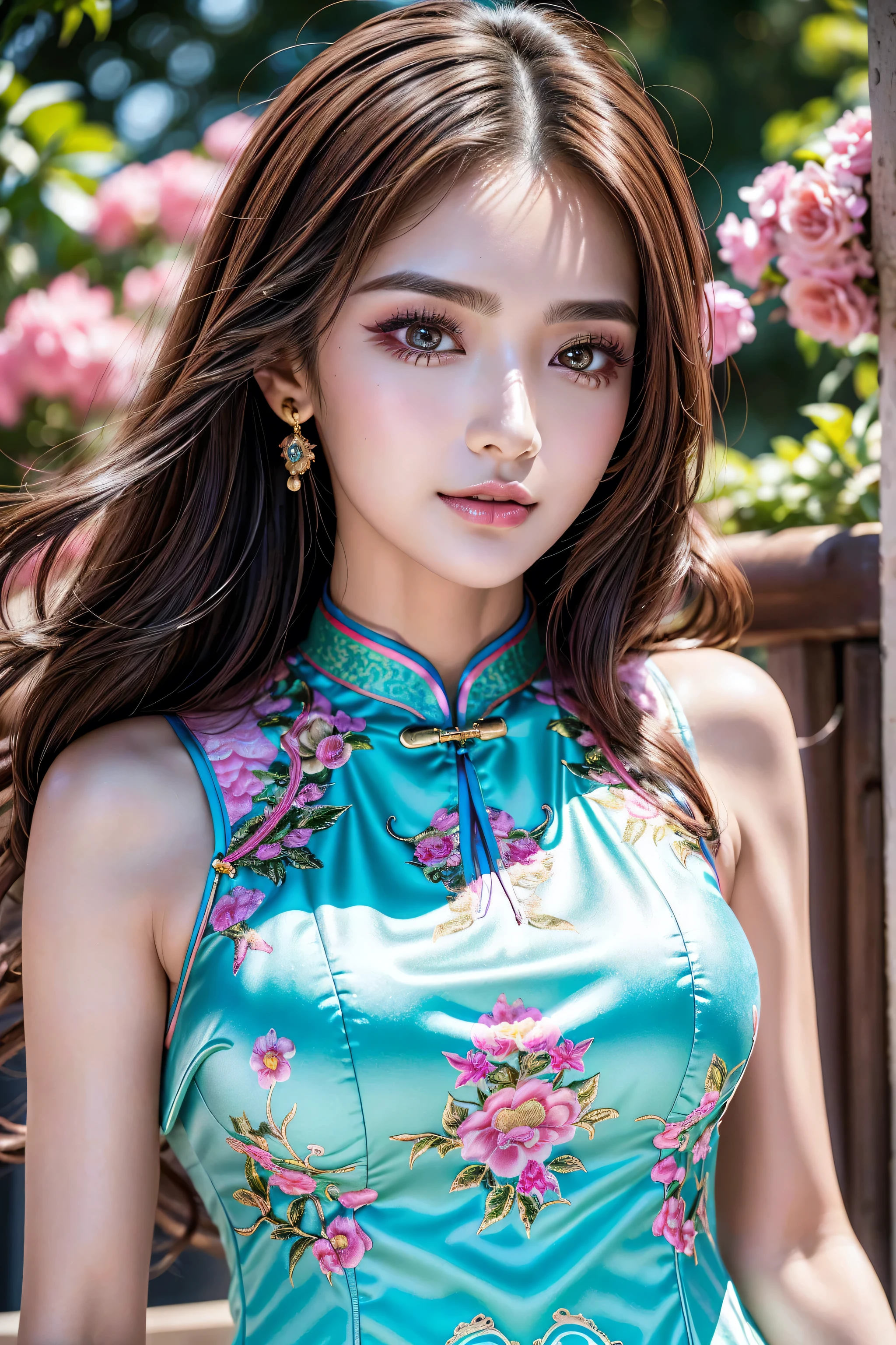 (best quality、4k、8k、high-res、 masterpiece:1.2)、ultra detailed、(realism、photorealistic)、(1woman:1.3 22-year-old)、brown_eyes、((Fujicolor、daytime soft lighting)、fashion supermodel、(long curly hair)、(BREAK pink_makeup:1.2)、(BREAK Classic and sexy blue cheongsam、Detailed decoration:1.3)、(Fitted clothing:1.3)、dynamic pose、((close-up of her face: 1.33))
