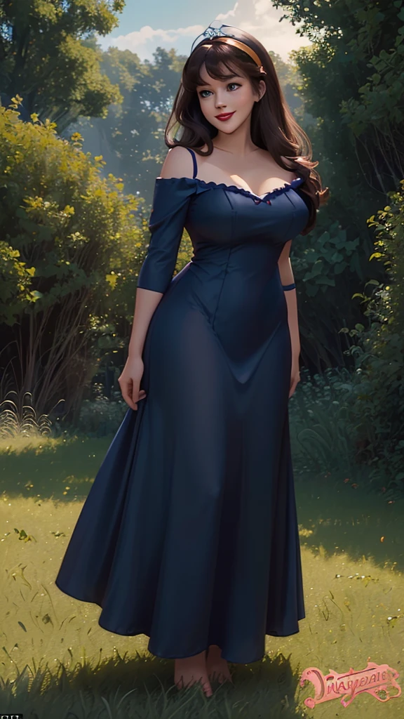 DisneyAurora, 27 years old, full body view Beautiful woman (((shoulder length brown hair, two side up with bangs))) defined body, voluptuous, sexy, cherry red lipstick, arms by her sides, hands free, happily smiling, standing facing camera((( navy blue nightgown ))), in moonlit grassy field, (large_breasts:1.4) (curvy:1.1)