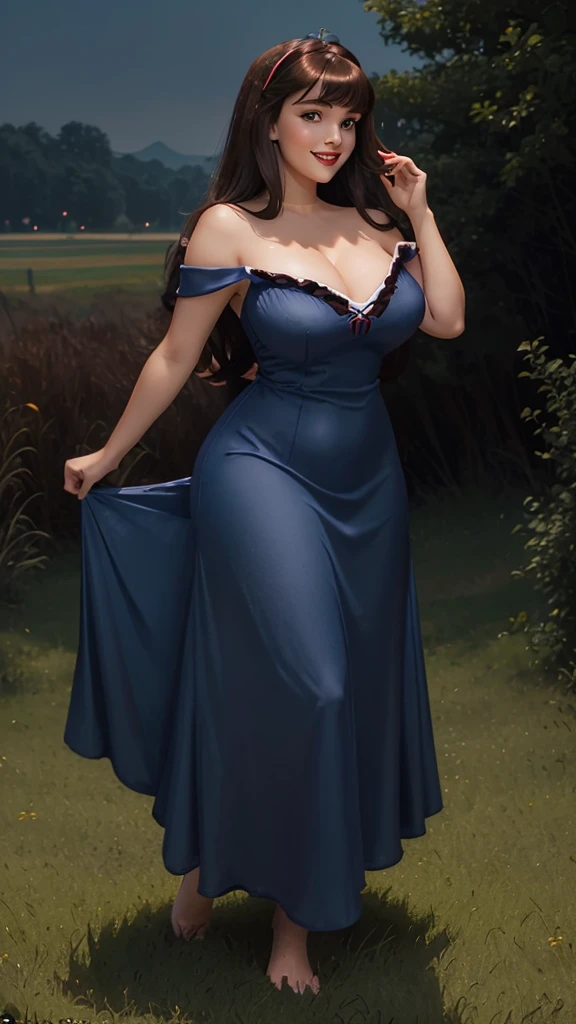 DisneyAurora, 27 years old, full body view Beautiful woman (((shoulder length brown hair, two side up with bangs))) defined body, voluptuous, sexy, cherry red lipstick, arms by her sides, hands free, happily smiling, standing facing camera((( navy blue nightgown ))), in moonlit grassy field, (large_breasts:1.4) (curvy:1.1)