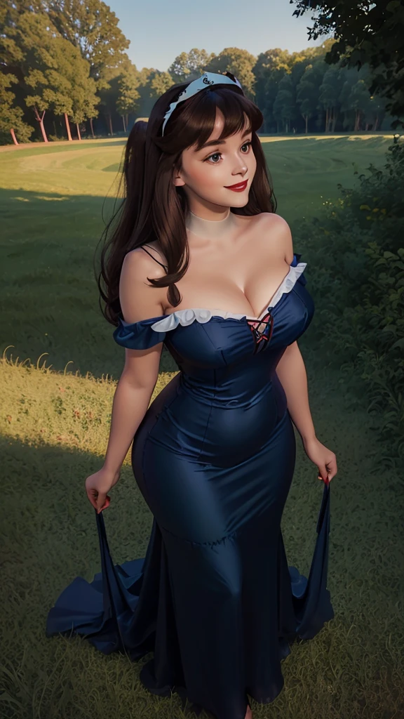 DisneyAurora, 27 years old, full body view Beautiful woman (((shoulder length brown hair, two side up with bangs))) defined body, voluptuous, sexy, cherry red lipstick, arms by her sides, hands free, happily smiling, standing facing camera((( navy blue nightgown ))), in moonlit grassy field, (large_breasts:1.4) (curvy:1.1)