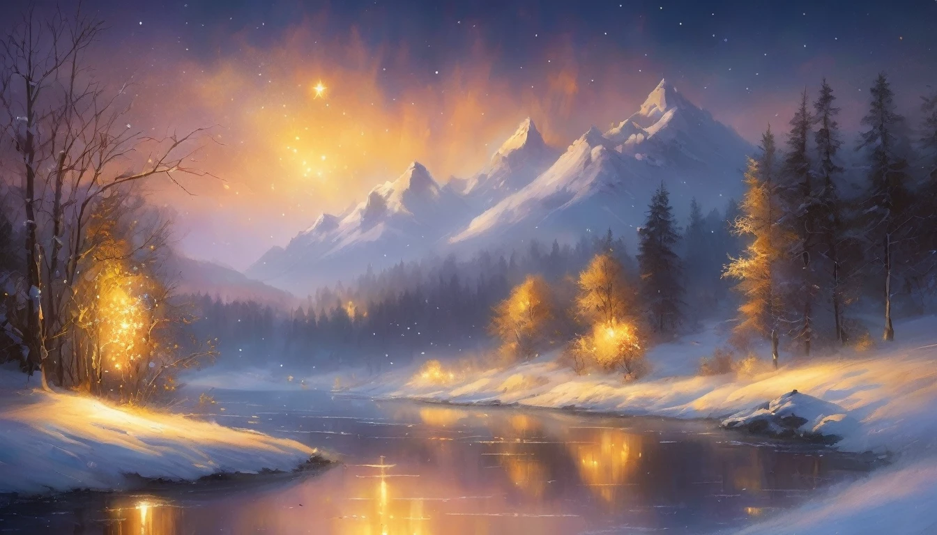 Generate an ethereal winter landscape with a dreamy, golden sky. The scene should include snow-covered hills and trees, sparkling with golden lights. The sky should have flowing golden auroras and twinkling stars, creating a magical and otherworldly atmosphere. The overall mood should be serene and enchanting, capturing the beauty of a mystical winter night.