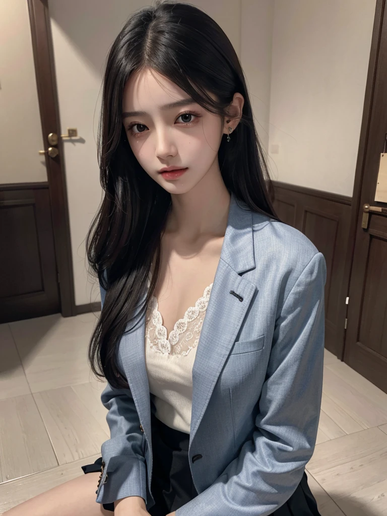 absurdres, RAW photo, extremely delicate and beautiful, masterpiece, Best Quality, ultra high resolution, 32k, hyperrealistic, ultra-detailed, delicate facial features, beautiful detailed woman, tearful mole, earring, medium breasts, full body shot, medium hair, black hair, (school_uniform), blazer,