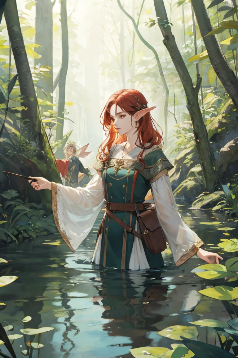 A spring in a fantasy forest, Hylas and the nymphs, 명화 'Hylas and the nymphs'의 판타지판, High drawing quality, Excellent appearance, There are a total of 7 characters, 6 women and 1 man., woman taller than man, Woman kidnapping man to the water, Clothing is underwear only, A woman's seductive eyes