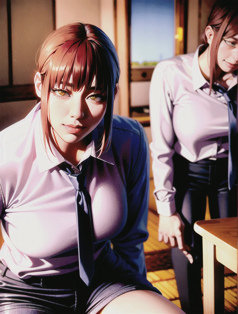 17 years old,high school student,Sex,(Provide sexual services to viewers:1.2),Sex,Japanese,Fine, shiny skin, (Realistic, photo-Realistic:1.4), Pretty girl, Are standing, Looking out the window, White shirt, Collared shirt, Black tie, Black trousers, Long sleeve, smile (Red nose), Yellow Eyes + The eyes are round, short hair + Redhead + Long braided hair, hand \(Chainsaw Man\)