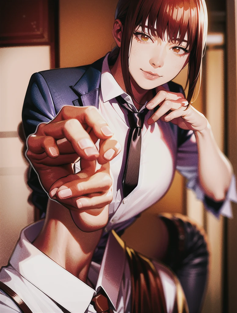 ,high school student,Sex,(Provide sexual services to viewers:1.2),Sex,Japanese,Fine, shiny skin, (Realistic, photo-Realistic:1.4), Pretty girl, Are standing, Looking out the window, White shirt, Collared shirt, Black tie, Black trousers, Long sleeve, smile (Red nose), Yellow Eyes + The eyes are round, short hair + Redhead + Long braided hair, hand \(Chainsaw Man\)