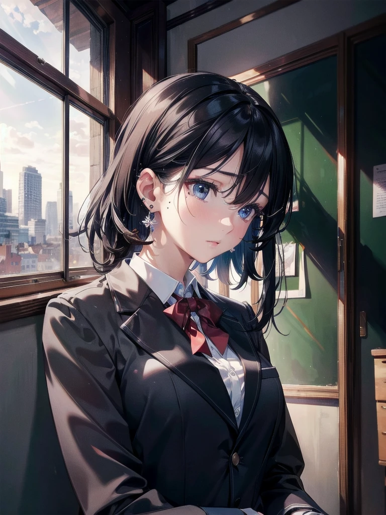 absurdres, RAW photo, extremely delicate and beautiful, masterpiece, Best Quality, ultra high resolution, 32k, hyperrealistic, ultra-detailed, delicate facial features, beautiful detailed woman, tearful mole, earring, medium breasts, full body shot, medium hair, black hair, (school_uniform), blazer,