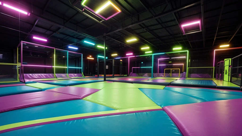 create an image of a neon trampoline park