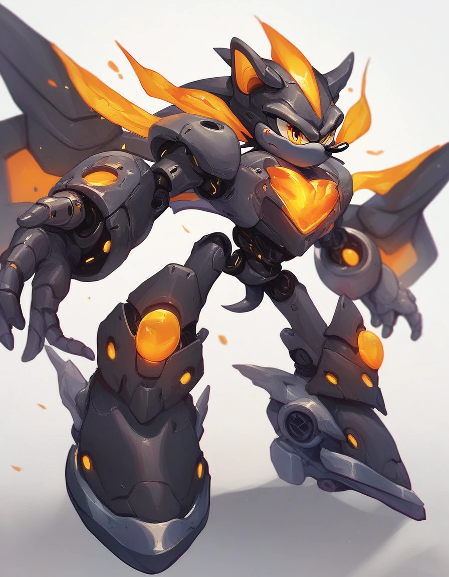 furnace, solo, simple background, white background, full body, wings, orange eyes, sonic the hedgehog, no humans, robot, mecha, dark grey body, glowing yellow eyes, source, furnace in Chest, 