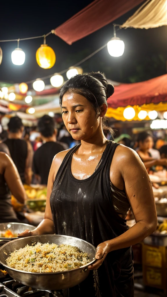 Photo of a middle-aged Sundanese woman (slightly curvy) with long black hair ((low messy bun), (sweat dripping down her face and hair) in very detailed and very realistic manner, wearing a white tank top (wet with sweat) and dyed brown batik cloth tied around it. on his waist. He is cooking at the night market (looking at the camera), he is stirring fried rice in a large frying pan with a serious expression on his face. The atmosphere at this night market looks busy with many people, both men and women, wearing casual clothes seen watching the woman cooking. The lighting in this picture is dominated by a light bulb hanging above the woman, giving a warm lighting effect that emphasizes her and creates shadows around her. In the background, there is a night market atmosphere with rows of stalls and crowds of people doing activities it shows daily life in a night market full of activity and social interaction, Surrealism, 8k, super detail