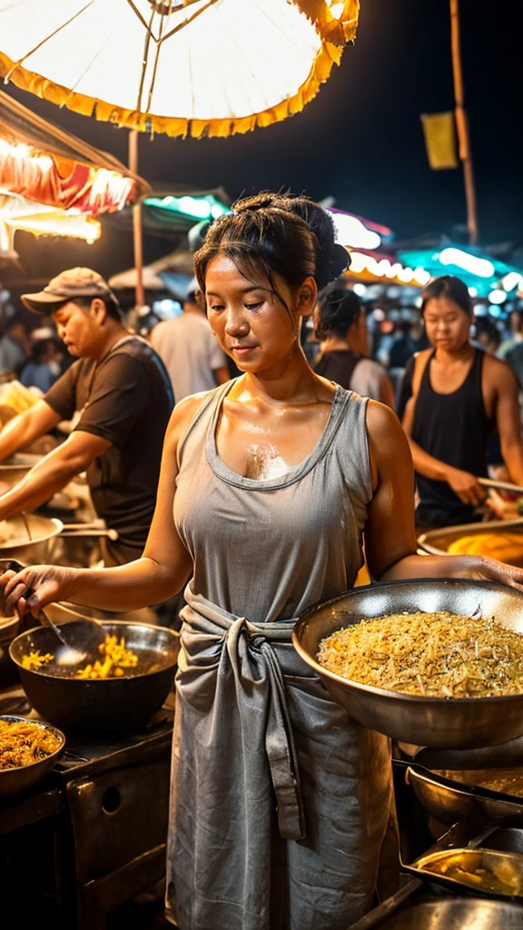 Photo of a middle-aged Sundanese woman (slightly curvy) with long black hair ((low messy bun), (sweat dripping down her face and hair) in very detailed and very realistic manner, wearing a white tank top (wet with sweat) and dyed brown batik cloth tied around it. on his waist. He is cooking at the night market (looking at the camera), he is stirring fried rice in a large frying pan with a serious expression on his face. The atmosphere at this night market looks busy with many people, both men and women, wearing casual clothes seen watching the woman cooking. The lighting in this picture is dominated by a light bulb hanging above the woman, giving a warm lighting effect that emphasizes her and creates shadows around her. In the background, there is a night market atmosphere with rows of stalls and crowds of people doing activities it shows daily life in a night market full of activity and social interaction, Surrealism, 8k, super detail