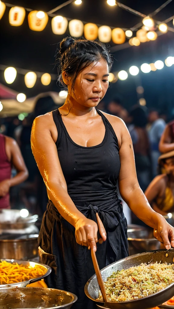 Photo of a middle-aged Sundanese woman (slightly curvy) with long black hair ((low messy bun), (sweat dripping down her face and hair) in very detailed and very realistic manner, wearing a white tank top (wet with sweat) and dyed brown batik cloth tied around it. on his waist. He is cooking at the night market (looking at the camera), he is stirring fried rice in a large frying pan with a serious expression on his face. The atmosphere at this night market looks busy with many people, both men and women, wearing casual clothes seen watching the woman cooking. The lighting in this picture is dominated by a light bulb hanging above the woman, giving a warm lighting effect that emphasizes her and creates shadows around her. In the background, there is a night market atmosphere with rows of stalls and crowds of people doing activities it shows daily life in a night market full of activity and social interaction, Surrealism, 8k, super detail