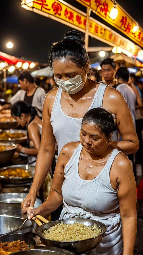 Photo of a middle-aged Sundanese woman (slightly curvy) with long black hair ((low messy bun), (sweat dripping down her face and hair) in very detailed and very realistic manner, wearing a white tank top (wet with sweat) and dyed brown batik cloth tied around it. on his waist. He is cooking at the night market (looking at the camera), he is stirring fried rice in a large frying pan with a serious expression on his face. The atmosphere at this night market looks busy with many people, both men and women, wearing casual clothes seen watching the woman cooking. The lighting in this picture is dominated by a light bulb hanging above the woman, giving a warm lighting effect that emphasizes her and creates shadows around her. In the background, there is a night market atmosphere with rows of stalls and crowds of people doing activities it shows daily life in a night market full of activity and social interaction, Surrealism, 8k, super detail