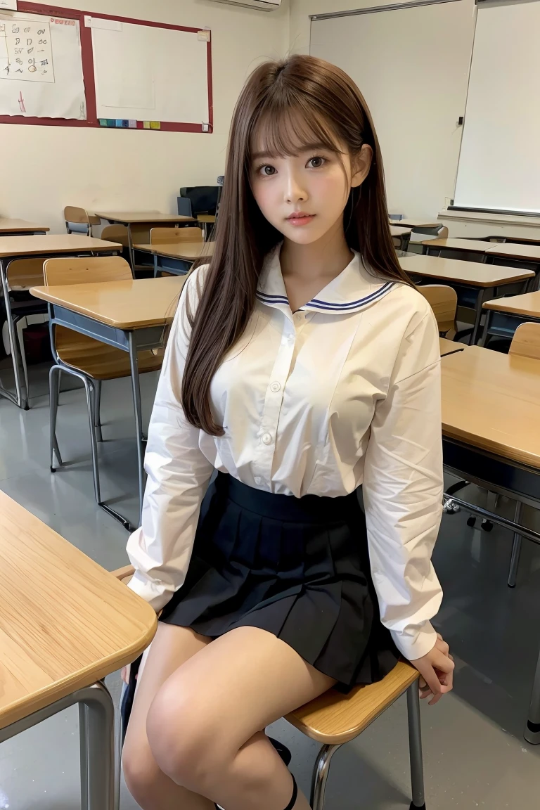 ((masterPiece, best quality)),The best aesthetics,1 girl, , table, sit, school table, brown hair, classroom, long hair, In the building, chair, look at viewer, :P, Focus only, brown eyes, Skirt :1.5, long sleeve, Pencil, , Pencil case, PaPer, black seraph, multiPle girls, Pleated กระโปรง, sailor collar, smooth, headrest, school bag, school chair