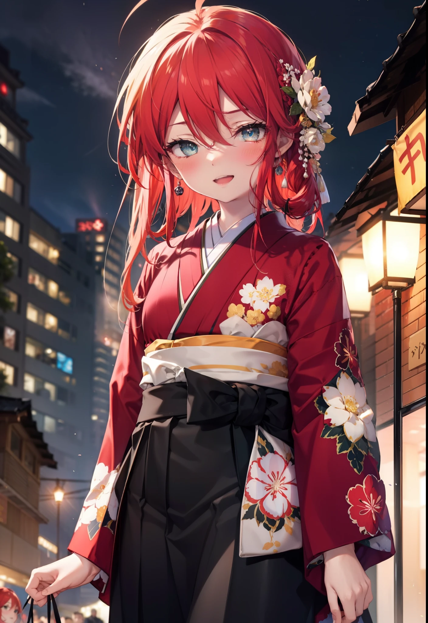 Shana,灼眼のShana,Long Hair, Red Hair,Red hair,Red eyes,Red eyes,Ahoge,smile,blush,Open your mouth,hair tied back,blush,Red Kimono,Thick sleeves,Red long skirt,日本のfestival,夏festivalの屋台,Red lantern,night,So that the whole body goes into the illustration,Walking, break looking at viewer, Upper Body (Cowboy Shot:1. 5), break outdoors, shrine,festival, break (masterpiece:1.2), Highest quality, High resolution, unity 8k wallpaper, (shape:0.8), (Beautiful and beautiful eyes:1.6), Highly detailed face, Perfect lighting, Highly detailed CG, (Perfect hands, Perfect Anatomy),