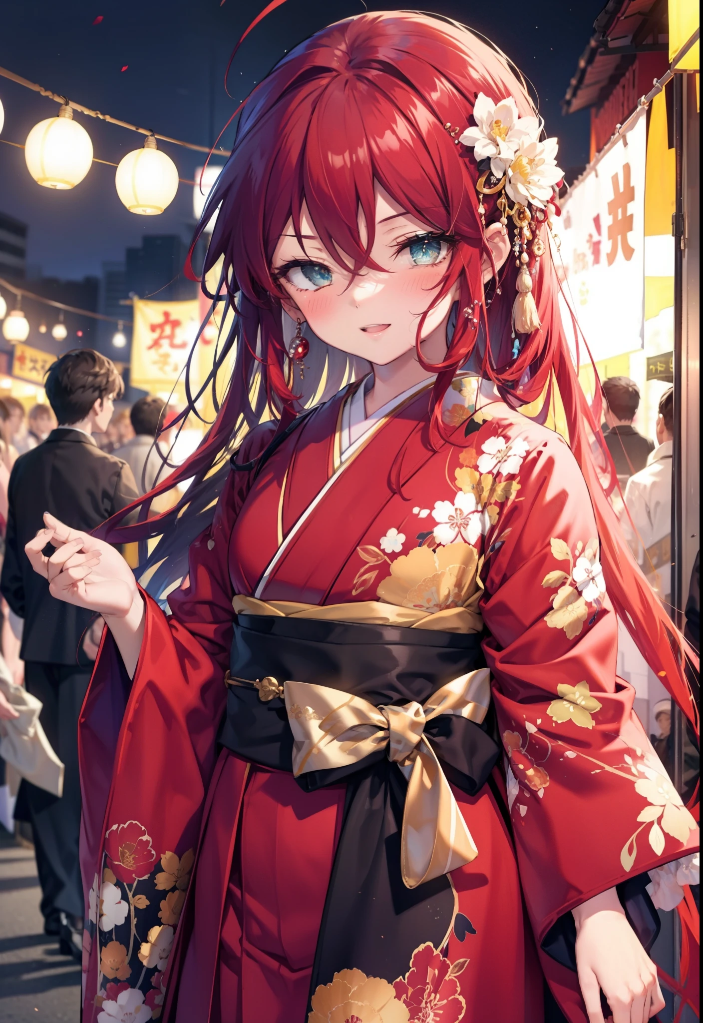 Shana,灼眼のShana,Long Hair, Red Hair,Red hair,Red eyes,Red eyes,Ahoge,smile,blush,Open your mouth,hair tied back,blush,Red Kimono,Thick sleeves,Red long skirt,日本のfestival,夏festivalの屋台,Red lantern,night,So that the whole body goes into the illustration,Walking, break looking at viewer, Upper Body (Cowboy Shot:1. 5), break outdoors, shrine,festival, break (masterpiece:1.2), Highest quality, High resolution, unity 8k wallpaper, (shape:0.8), (Beautiful and beautiful eyes:1.6), Highly detailed face, Perfect lighting, Highly detailed CG, (Perfect hands, Perfect Anatomy),