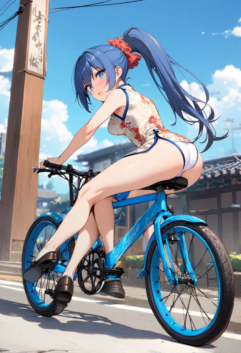 1girl, ponytail, blue hair, blue eyes, china dress, sitting on top of bicycle, ((short cloth)), white panties,